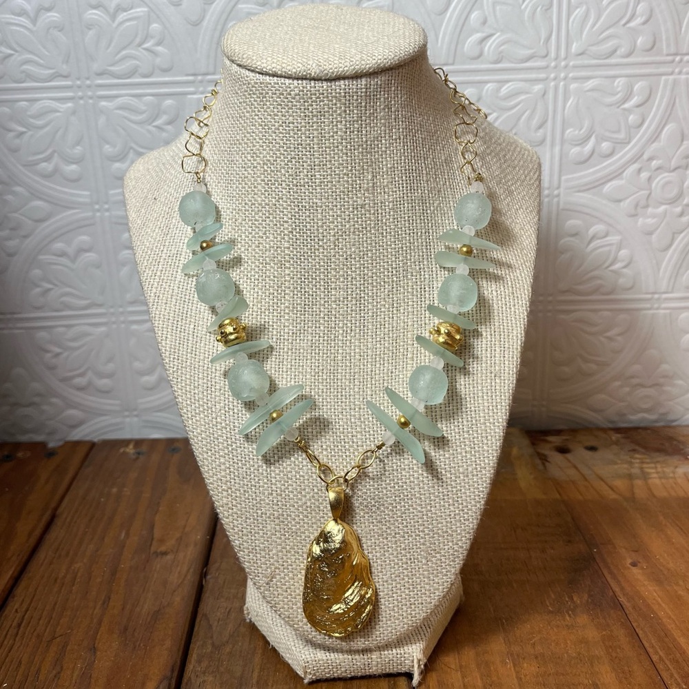 NEW Susan Shaw Oyster Sea Glass Necklace 24k gold plated 21” adjustable Aqua